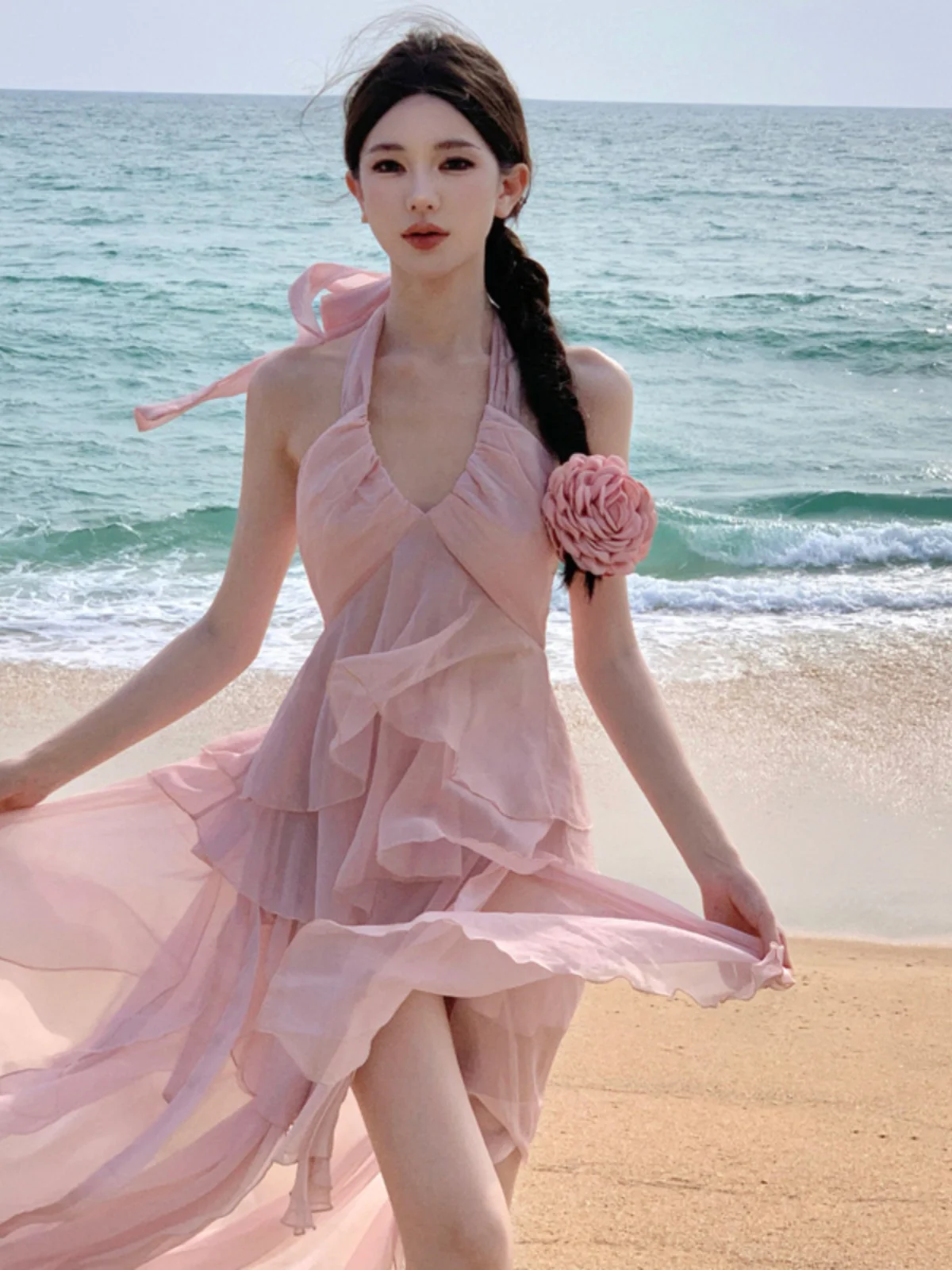 

Beach Vacation Style Pink Floral Print Halter Neck Dress Women's Fashion Sexy Style Cotton Short Sleeve V-neck Dress