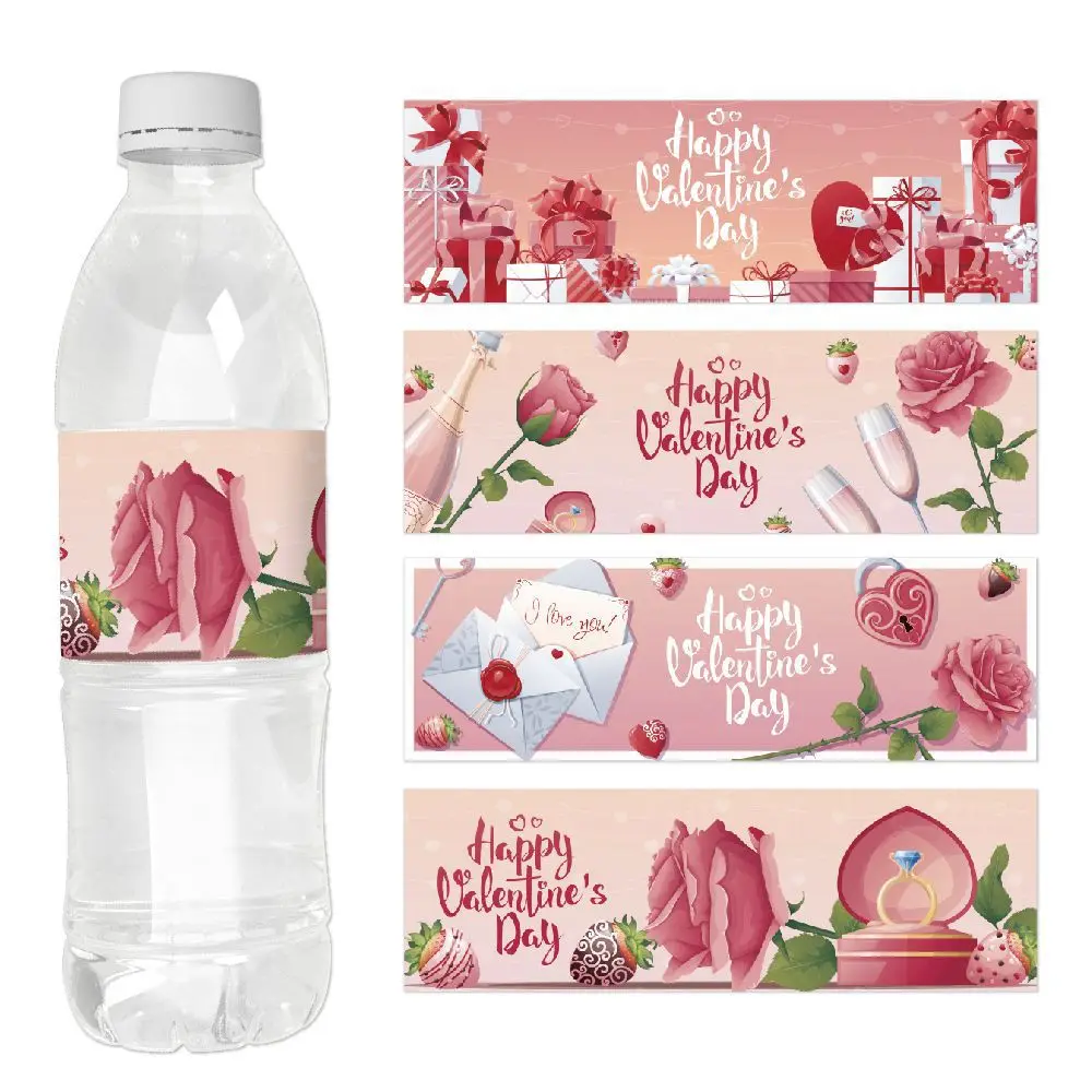 8/16/24pcs Valentine's Day Water Bottle Label Happy Valentine's Day Rose Flower Waterproof Water Bottle Sticker Valentine Decor