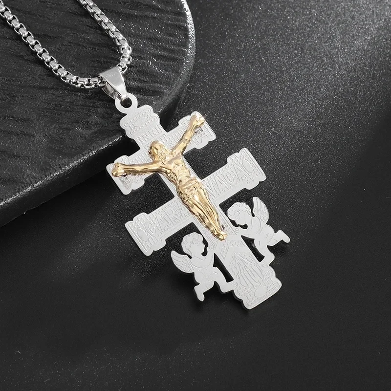 Christian Jesus Cross Stainless Steel Pendant Little Angel Prayer Necklace for Men Vintage Religious Amulet Jewelry