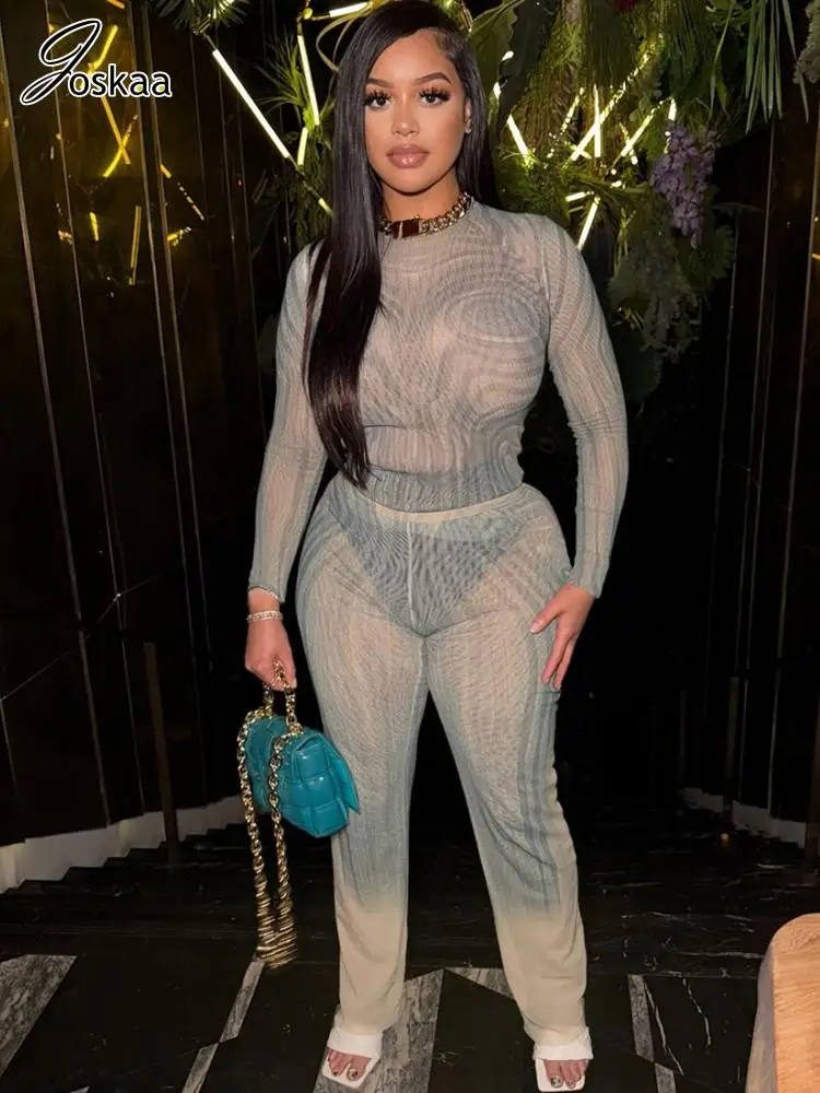 

Joskaa 2025 Women's Abstract Print 2 Piece Set Sexy Sheer Mesh Long Sleeve Tops and Flared Pants Matching Holiday Y2K Streetwear