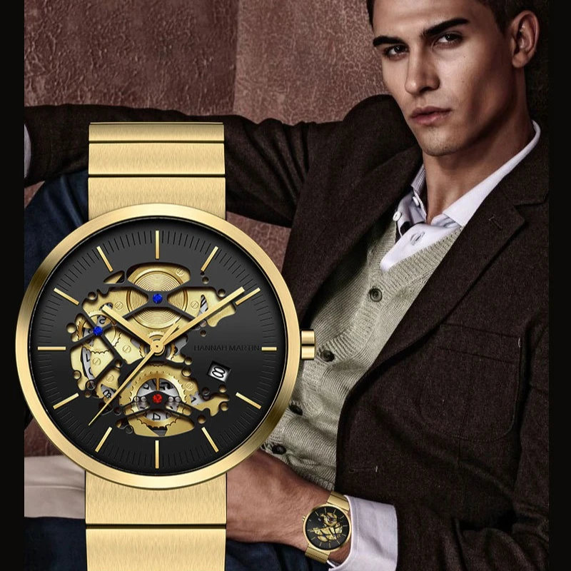 

HANNAH MARTIN1312 Watch Men Non Automatic Mechanical Hollow Out Watch Fashion Steel Belt Waterproof Watches for Men Reloj Hombre