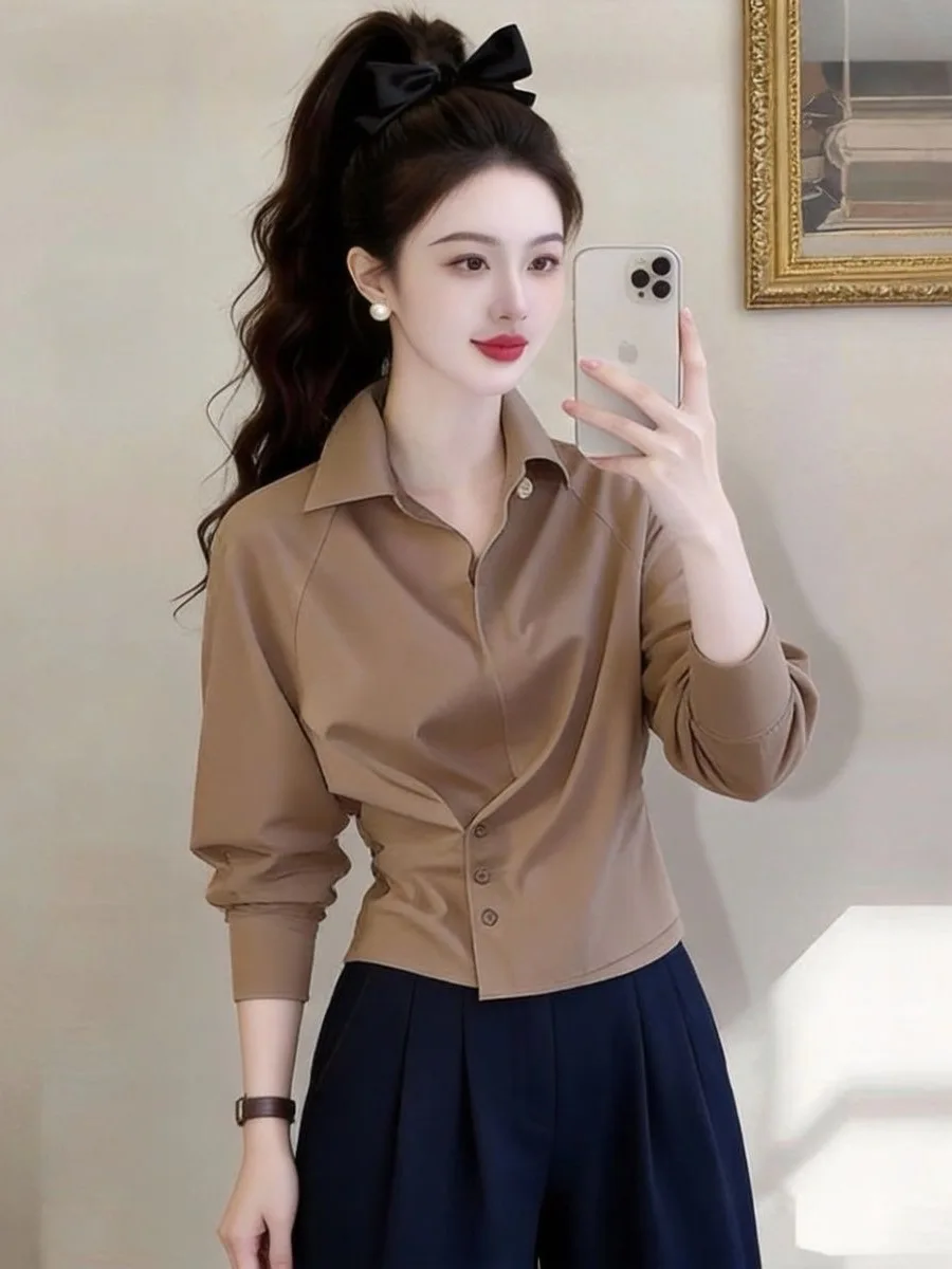 

Женская рубашка Ele Long Sve, осенняя новинка, с воротником, стандартный крой, из полиэстера, приятная для кожи, дышащая, для повседневной носки