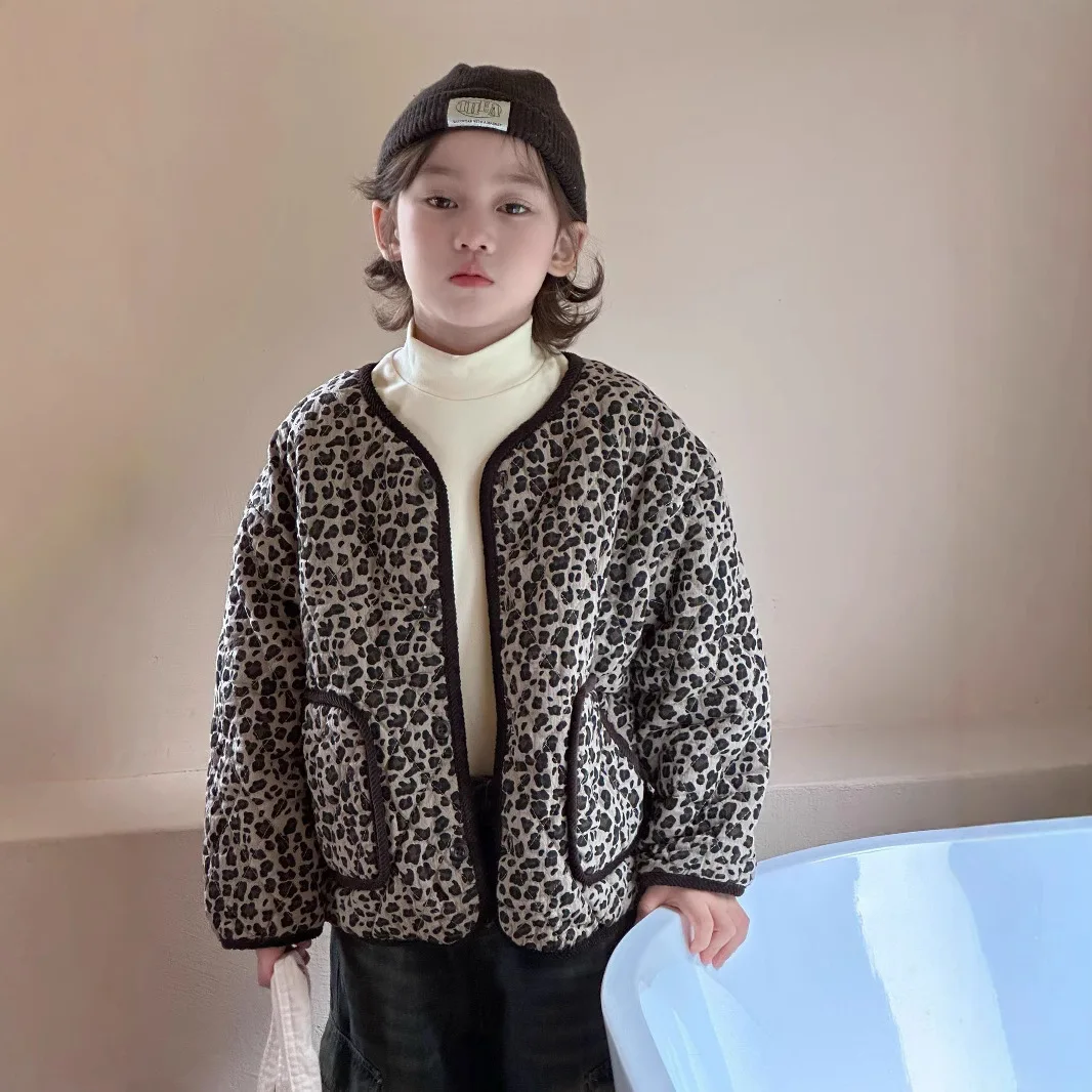 Children Coat 2024 Winter New Leopard-print Thickened Cotton-padded Coats Boys and Girls Plus Cotton and Fleece Warm Coats