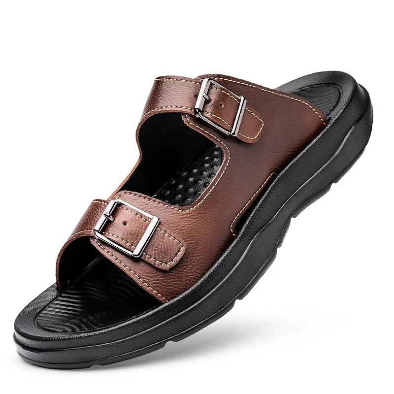 

Summer Mens Thick Soles Bottom Platform Slippers Men Leather Slides Slippers Adjustable Brown Black Casual Sandals Comfortable