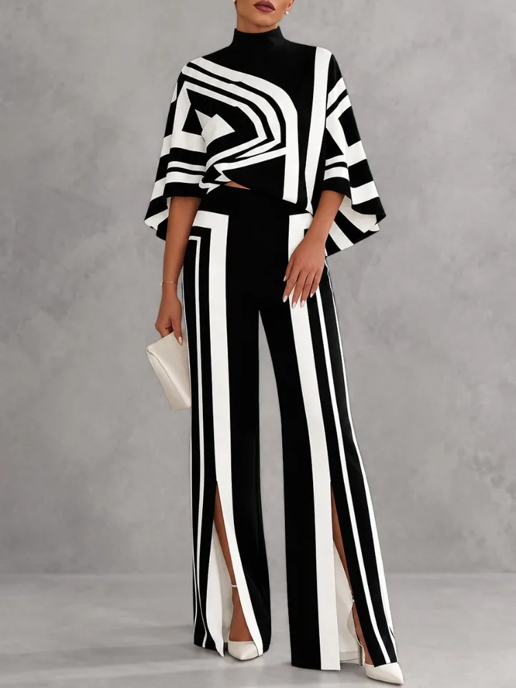 Yeezzi Women's Elegant Casual Office Suit Black White Stripe High Neck Tops & High Waist Split Hem Wide Leg Pants 2 Piece Sets