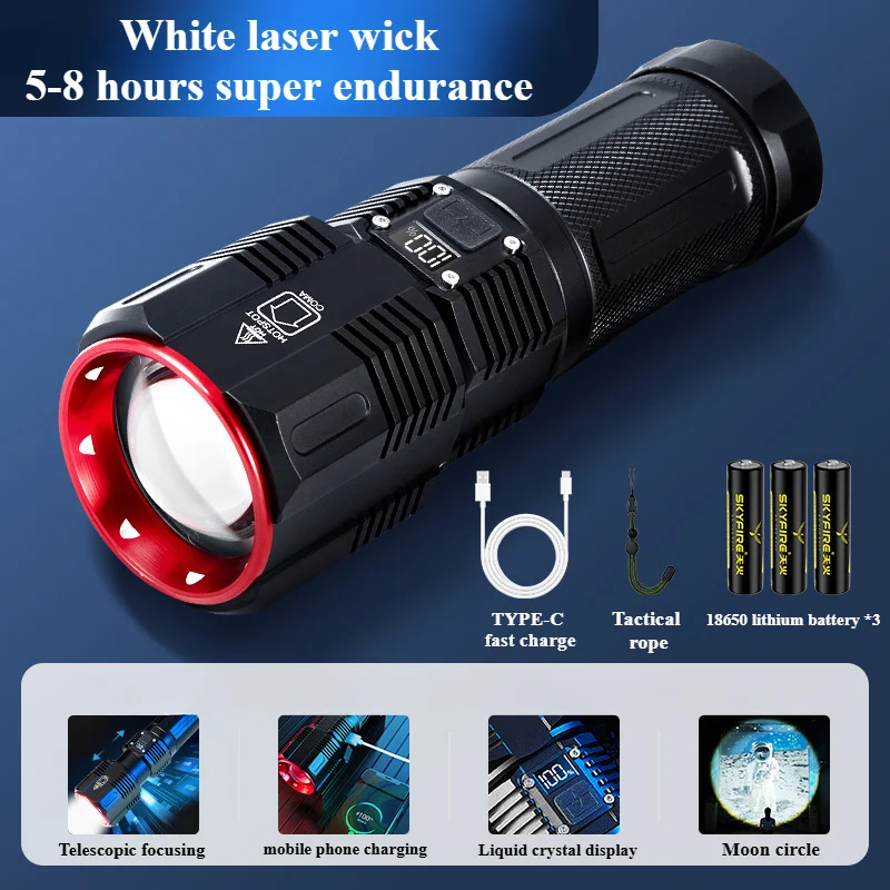 New ultra bright 8000 current clear laser bead 7200mAh battery outdoor camping tactical self-defense ultra long range flashlight