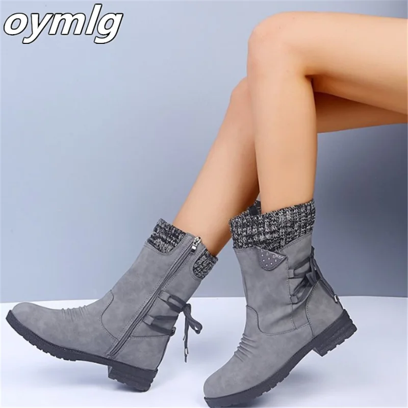 Bottes de neige mi-mollet en daim pour femmes, fermeture éclair rétro, chaussures chaudes, talons bas, mode hiver 2020