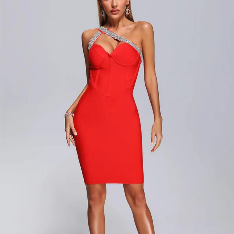 

Sling Diamond Embellished Hanging Neck Dress Asymmetrical Shoulder Wrap around Skirt High Waist Bandage Gown for Women