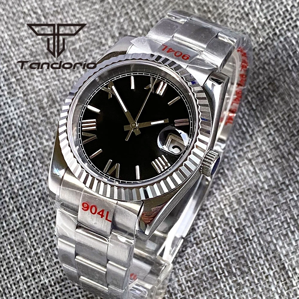 

36mm NH35A Automatic Men's Wristwatch Fluted Bezel Sapphire Glass Screwdown Crown Sterile Black Dial Auto Date