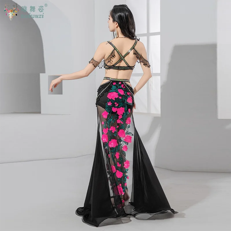 Traje de performance de dança do ventre personalizado, lantejoulas sênior bordadas, contas de cristal, conjunto de borla, roupas de competição de dança oriental