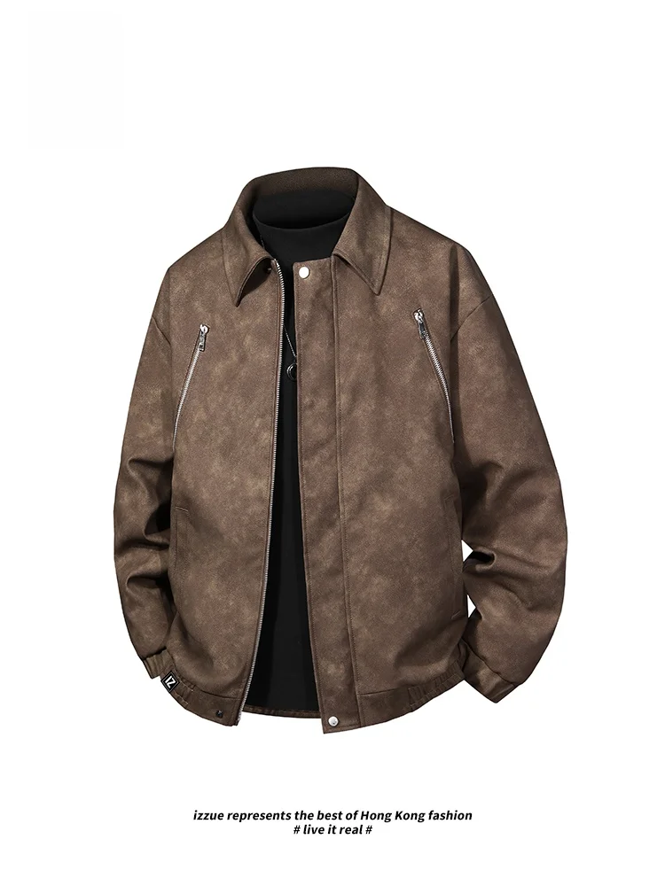 

Izzue American Retro Men's Outdoor Windproof Flip Collar Leather Jaet Spring Autumn Sle Casual Comfortable Fit Zipper Clo...