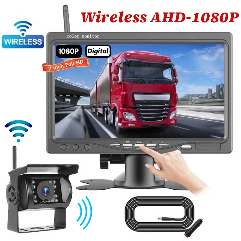 Wireless AHD-1080P Vehicle Truck Backup Camera and Monitor Night Vision Rear View Camera with 7 inch HD Monitor for RV Trailer T