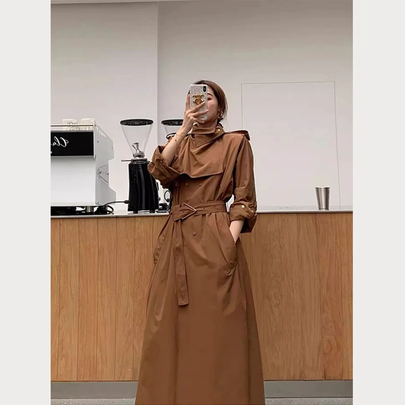 2024 Women Autumn and Winter New Mirad Clothing Classic Retro Temperament Irregular Trench Coat Brown Long Coat Women\'s Clothing