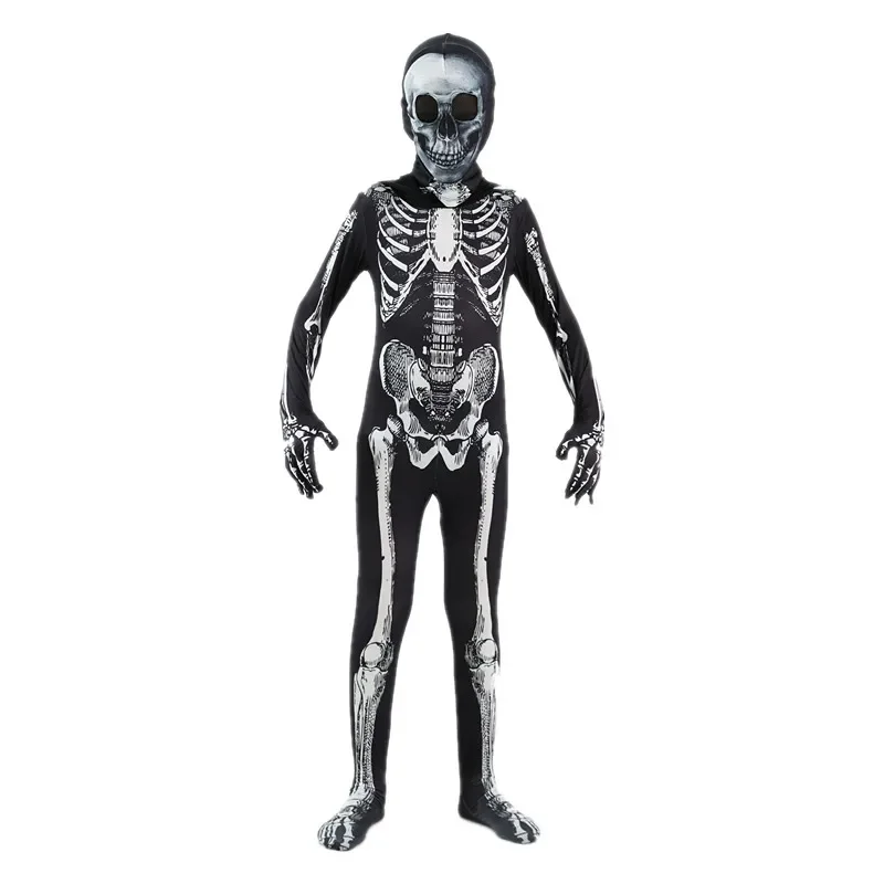 Child Skeleton Horror Hooded Costume Men\'s Dark Spooky Skeleton Tights Halloween Role Play Carnival Performance Costume