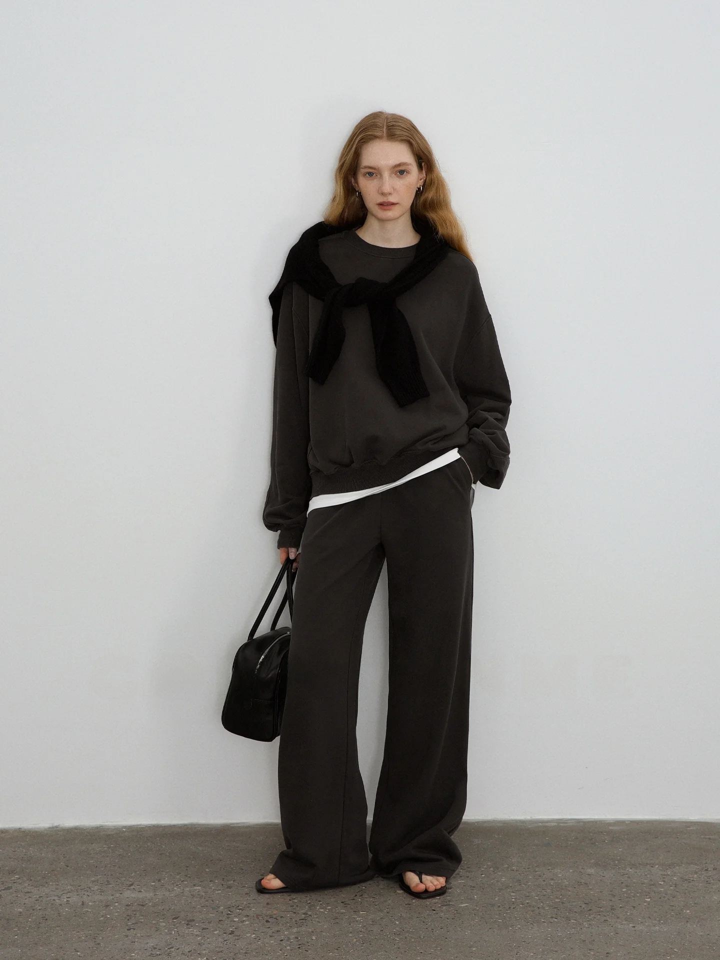 

Deep ey Pure Cotton round Ne Sweatirt Casual Pants Set Comfortable Loose Fit Long Sve Women's Street Sle Outfit