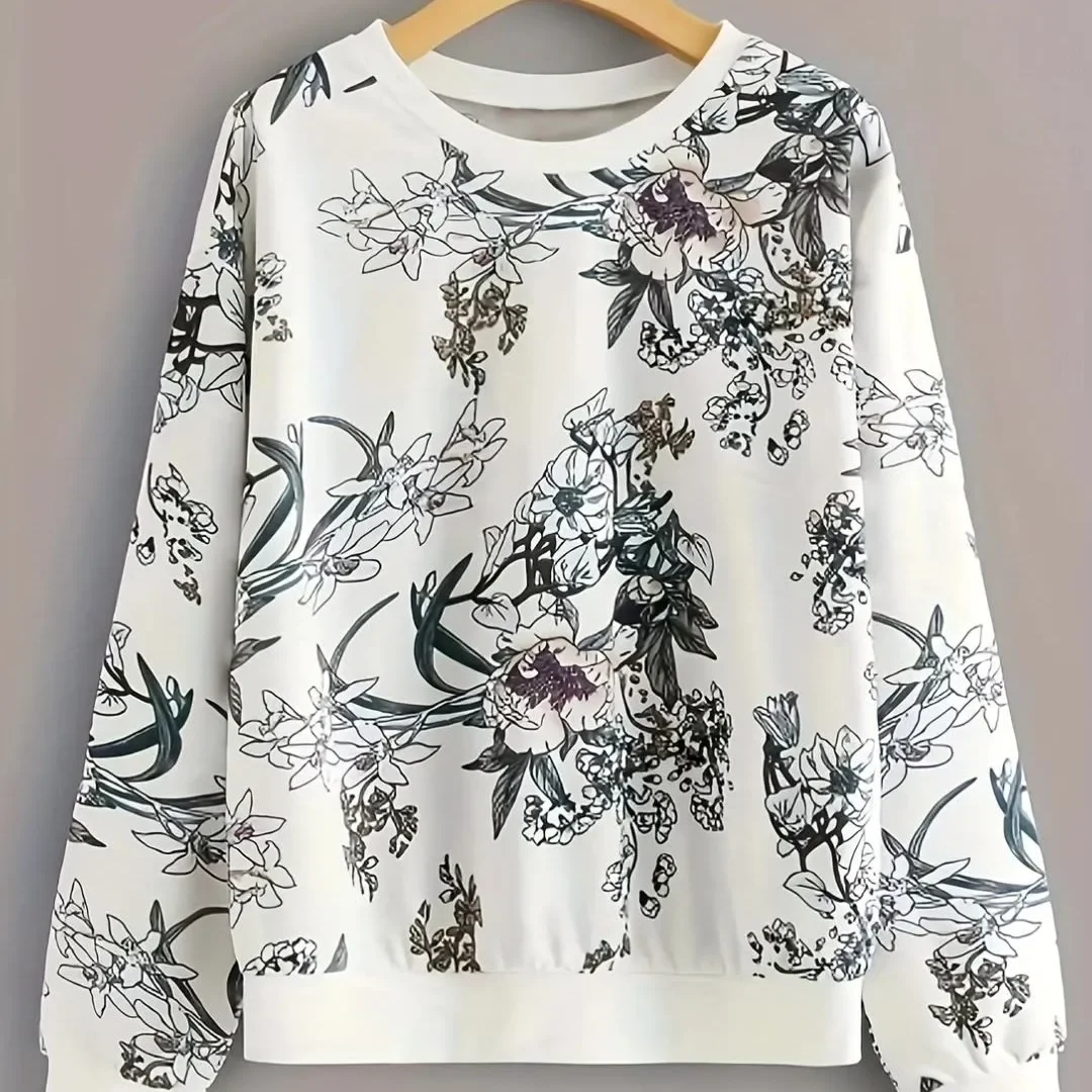 Bluza z okrągłym dekoltem, opadającymi ramionami, z kwiatowym nadrukiem roślinnym, nowy styl, długi rękaw, lekka, 2025
