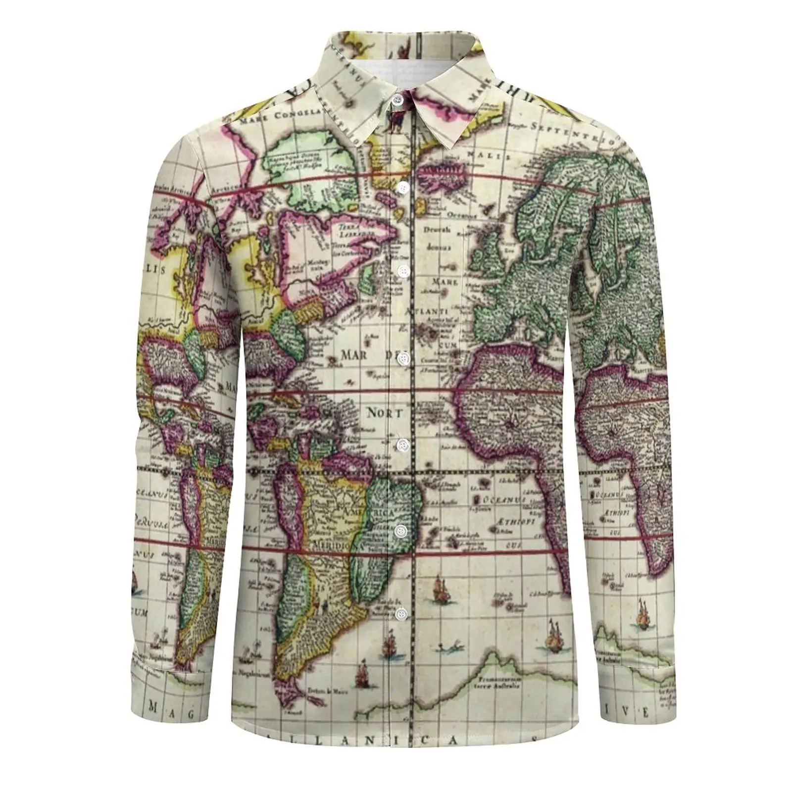 Earth Map Street Style Casual Shirt Men Vintage 1652 World Map Shirt Autumn Vintage Blouses Long Sleeve Graphic Oversize Clothes