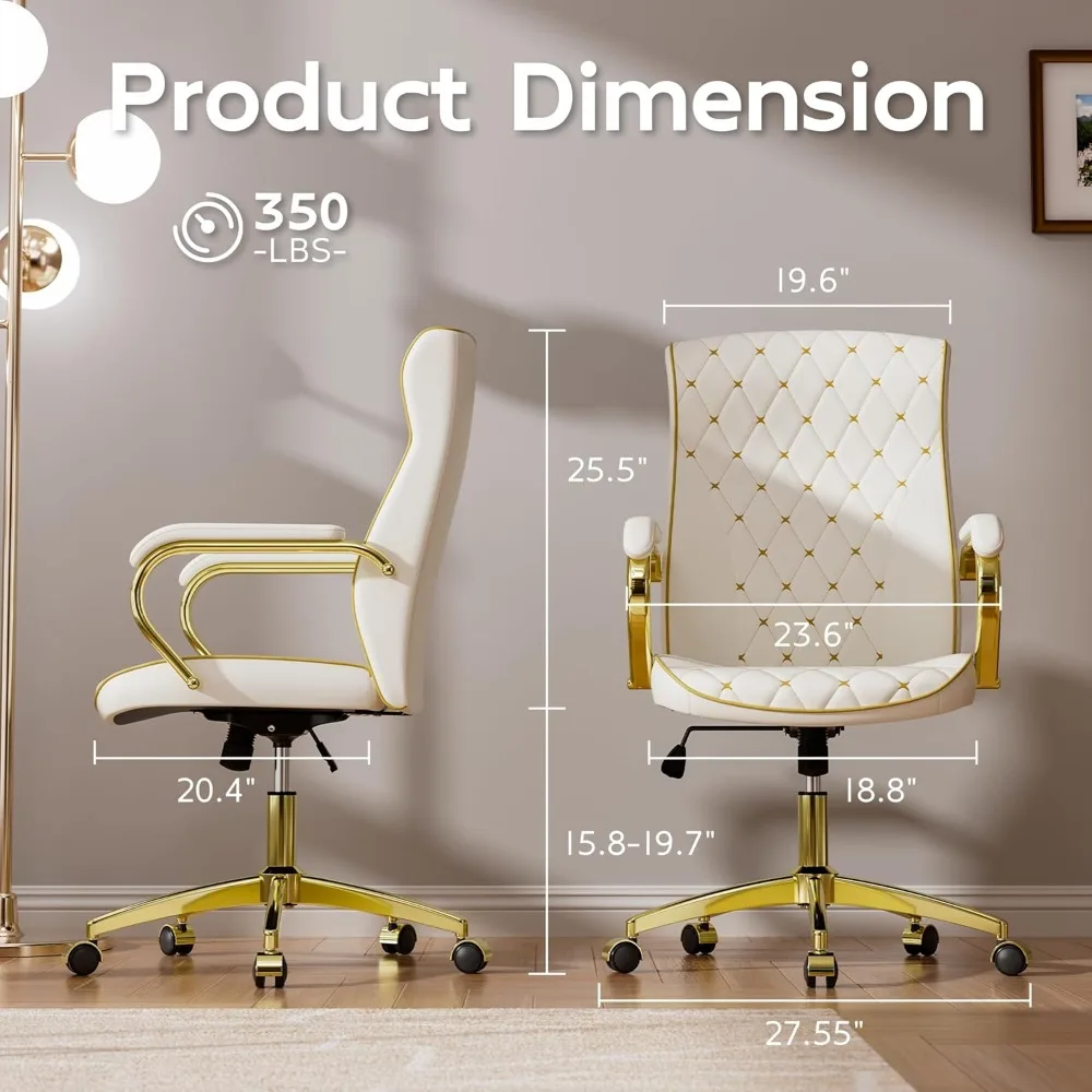 كرسي مكتب تنفيذي دوار متوسط الظهر مع تطريز جلدي ناعم، كرسي مكتب أبيض وذهبي على عجلات للمراحة #2