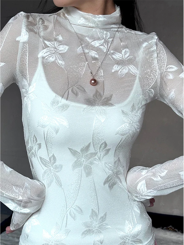 Fairy Lily Flower f-Camiseta larga de cuello alto para mujer, ropa interior de encaje, Top ajustado, versión coreana