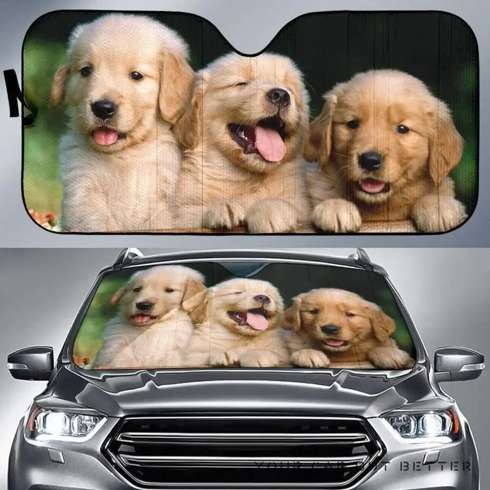 Funny Cute Golden Retriever Dogs Image Print Car Sunshade, Cute Golden Retriever Puppies Image Auto Sun Shade, Windshield Visor