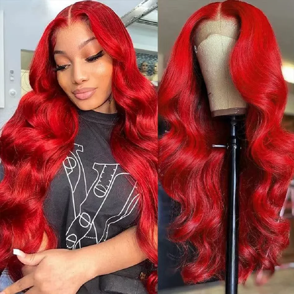 13x4 Hot Red Lace Front Human Hair Wigs Body Wave Burgundy Red Colored Transparent Lace Front Wigs Human Hair Remy 180% Density