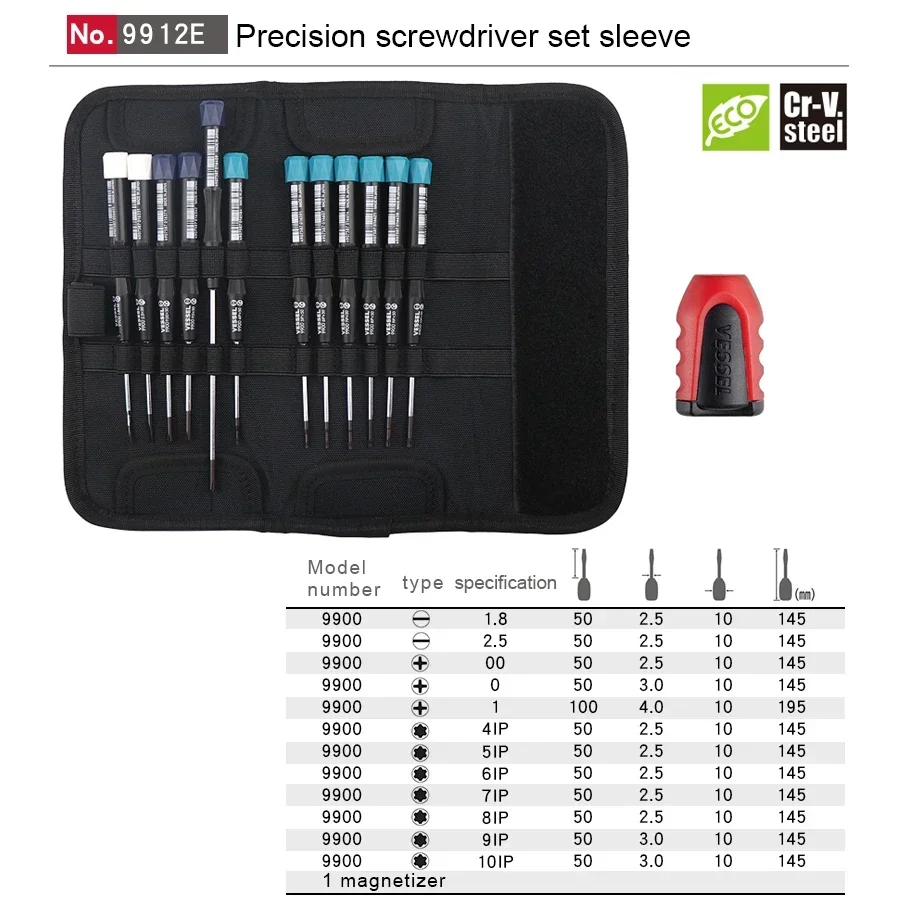 VESSEL Franchise Screwdriver Series NO. 9912E，13 in 1 Precision Screwdriver Set Screws with Tool Pouch and Magnetic Screw Holder