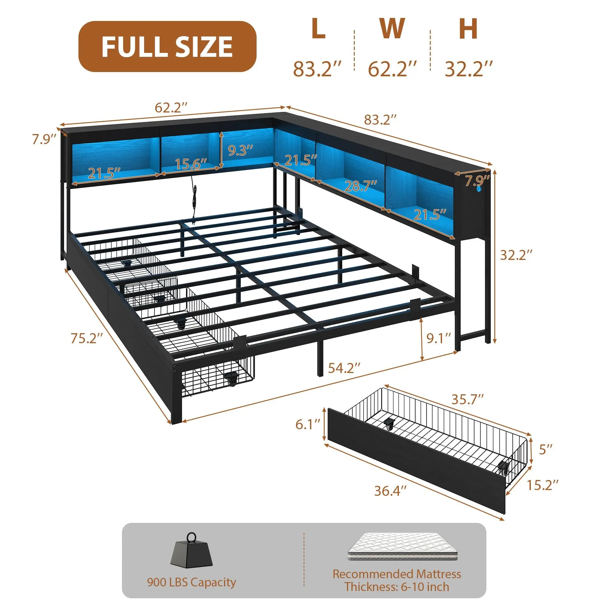 Corner Daybed Frame with 2 Storage Drawers, Bookcase Headboard w/Charging Station (2 AC, USB-C), RGB LED Lights