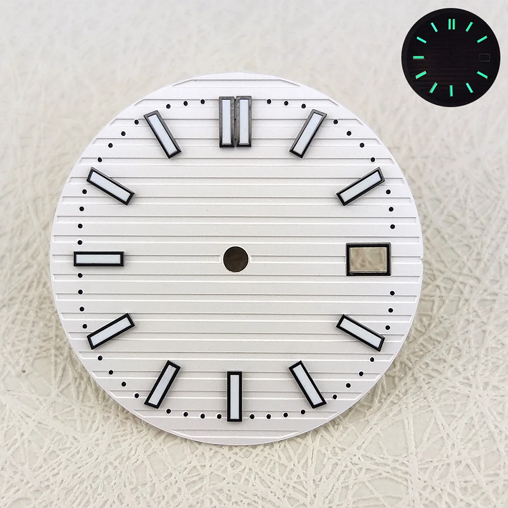 Quadrante da 29,7 mm Quadrante NH35 Quadrante dell'orologio NH36 Logo personalizzato Stampa laser Nome/Logo Quadrante verde luminoso adatto per movimento NH35/NH36