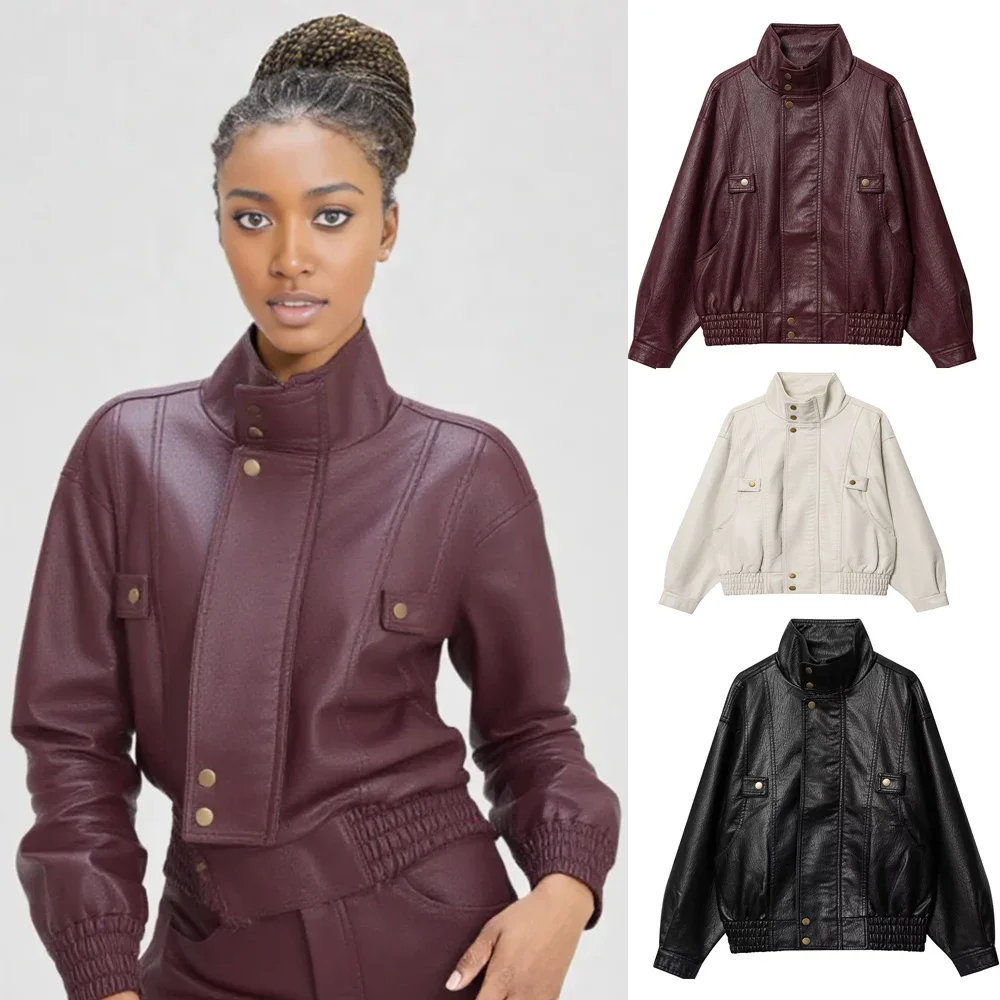 

Женская свободная куртка из искусственной кожи, осенняя мотоциклетная куртка с длинными рукавами и стойкой, пальто, женская верхняя одежда Y2K