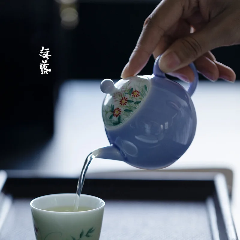 Wuluo Hibiscus Purple Underglaze Hand-Pained Teapo Jingdezhen Handmade Brewing Po Wih Filer Japanese Syle Kung Fu Tea