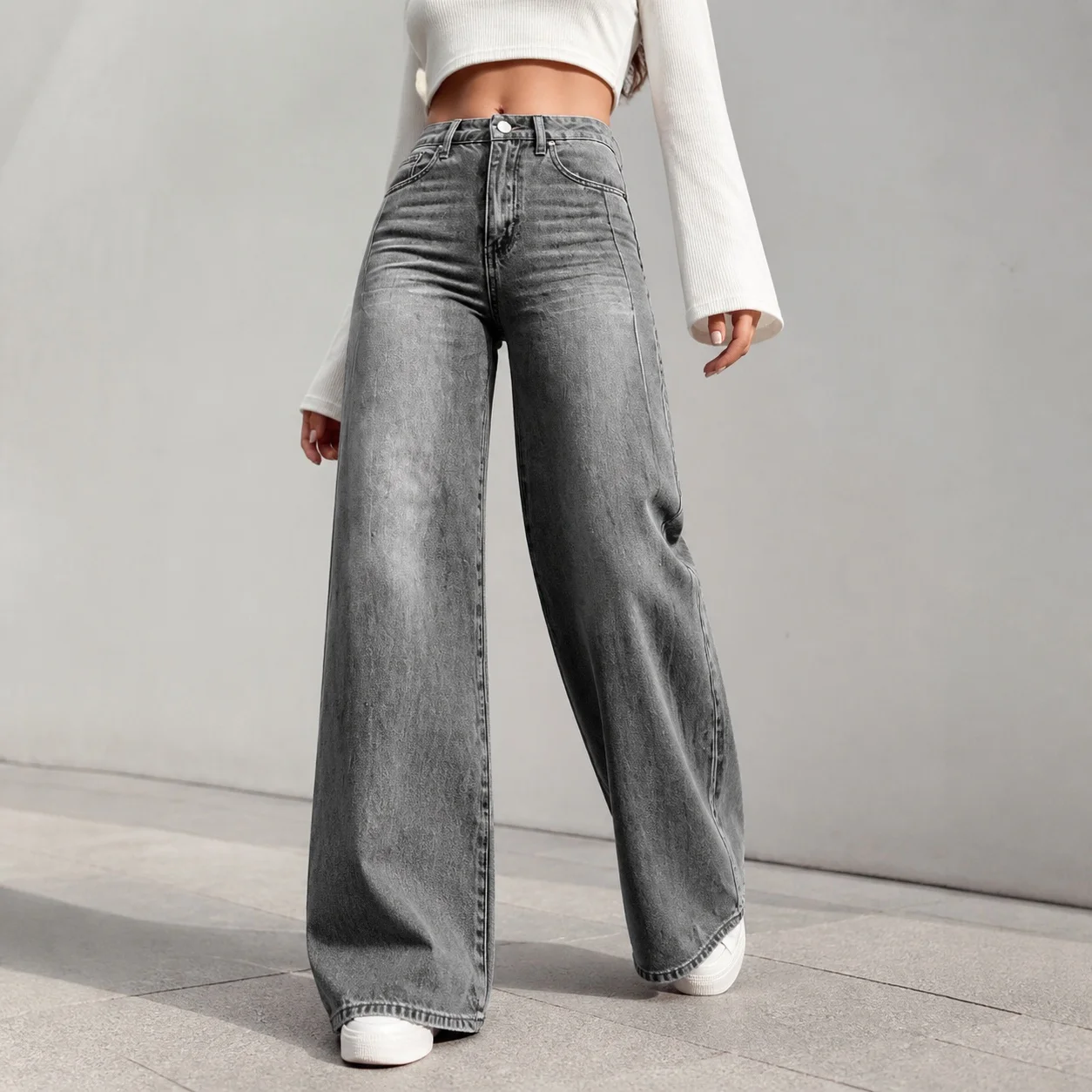Women's Baggy High Waist Wide Leg Full Length Loose Fit Stone Washed Cotton Jeans for Women Casual Straight Cut Water Washed