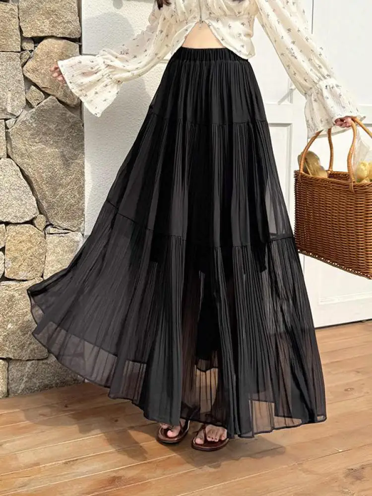 

Spring Summer Solid High Waisted Simplicity Holiday Skirts Women Clothing Fashion Elegant Pleated Long Skirt Streetwear Popular