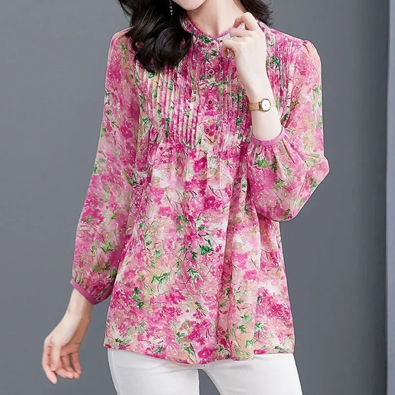 

Vintage Shirring Button Floral Printing Chiffon Shirt Autumn 2023 New Stand Collar Long Lantern Sleeve Pullovers Ladies Clothing