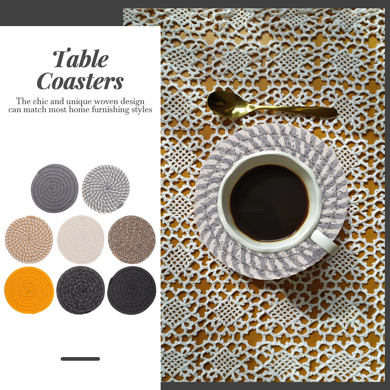 

8pcs Cotton Rope Coasters Round Absorbent Heat Insulated Table Protectors For Drinks Coffee Cup Mat Set Home Office Decor