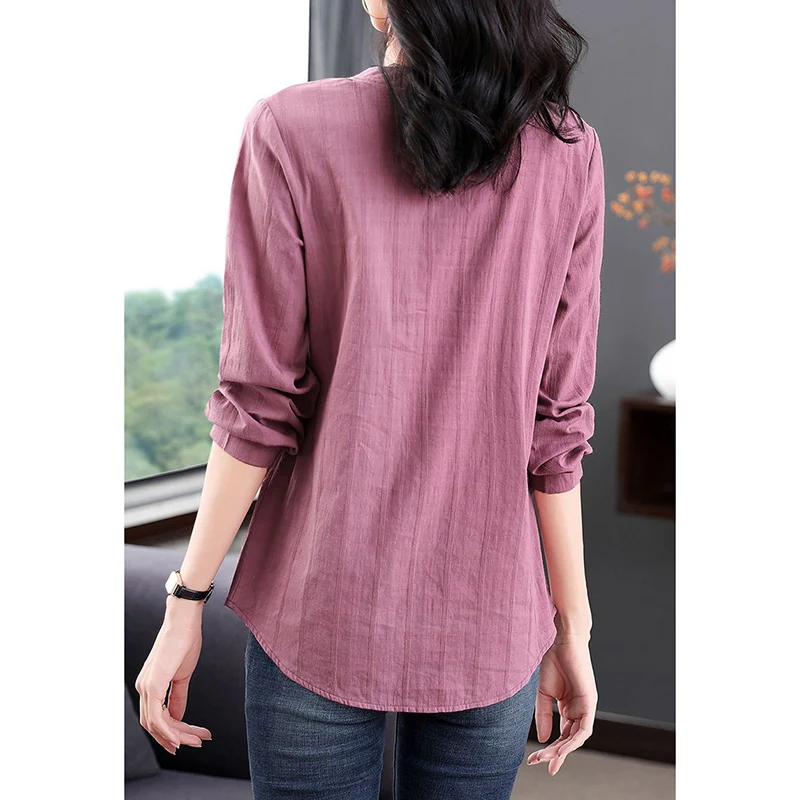 Fashion O-Neck Button Casual Solid Color Plaid Blouses Women\'s Clothing 2024 Autumn New Loose Commuter Tops All-match Shirts