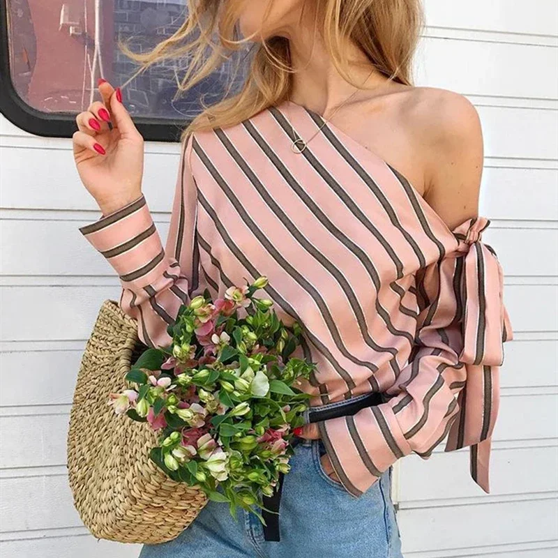 Women One Shoulder Tops striped long sleeve Blouses Bow Casual Elegant Office Ladies Blouse Female Sexy Shirt Fashion 2024  -CH3