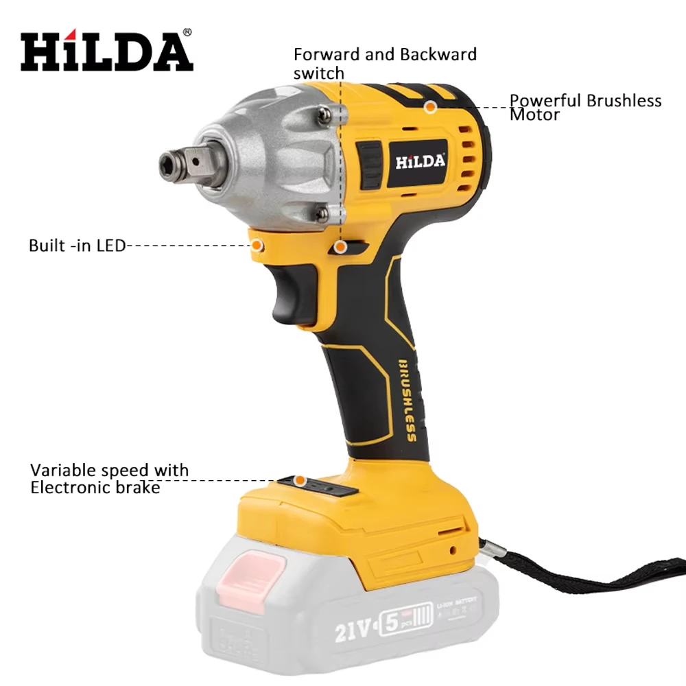 HILDA Impact Wrench Cordless Brushless  High-Torque Power Tool Motor Versatile 1/2 Socket Power Tool For Makita Battery