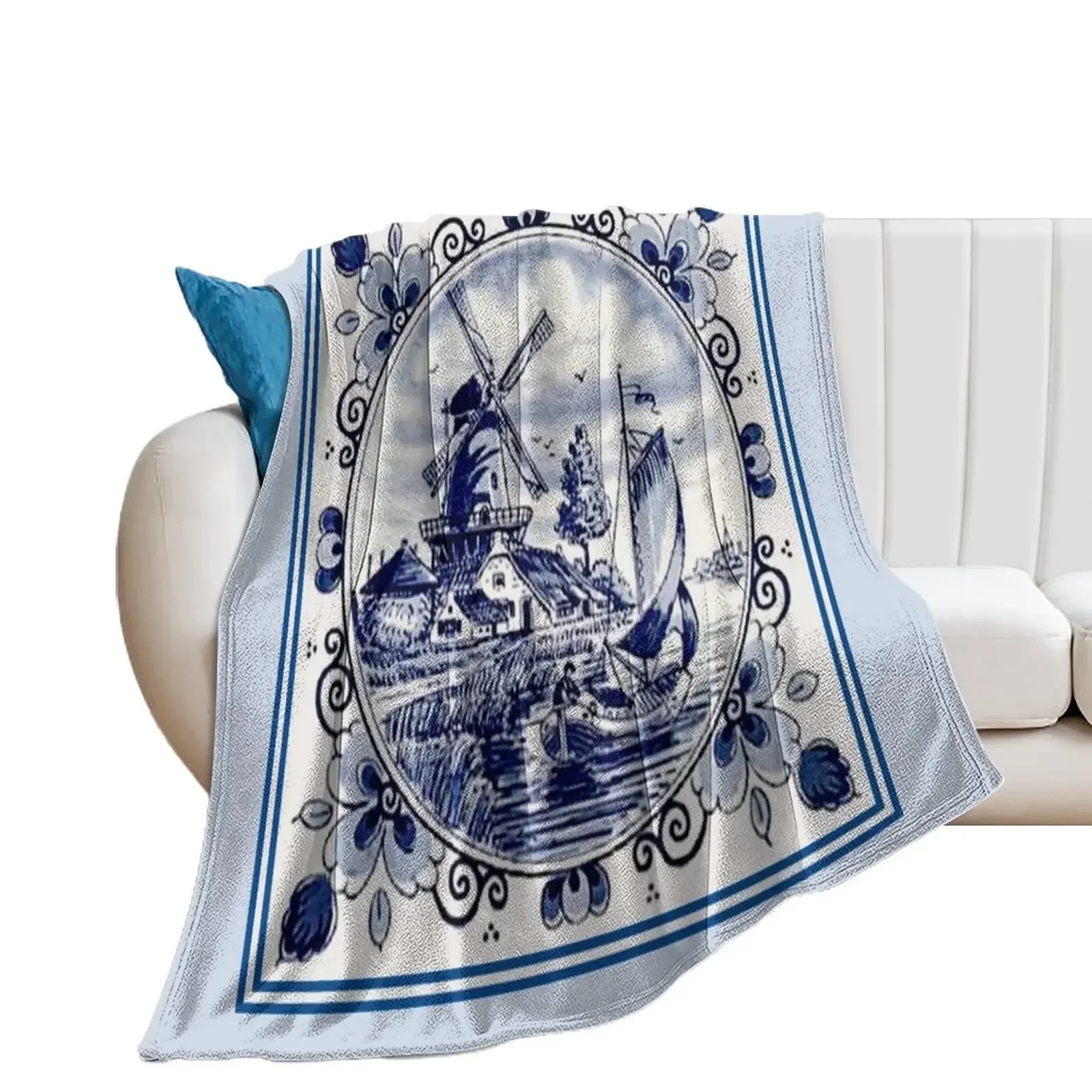 DUTCH BLUE DELFT: Vintage Windmill Print Throw Blanket Vintage Weighted anime Blankets