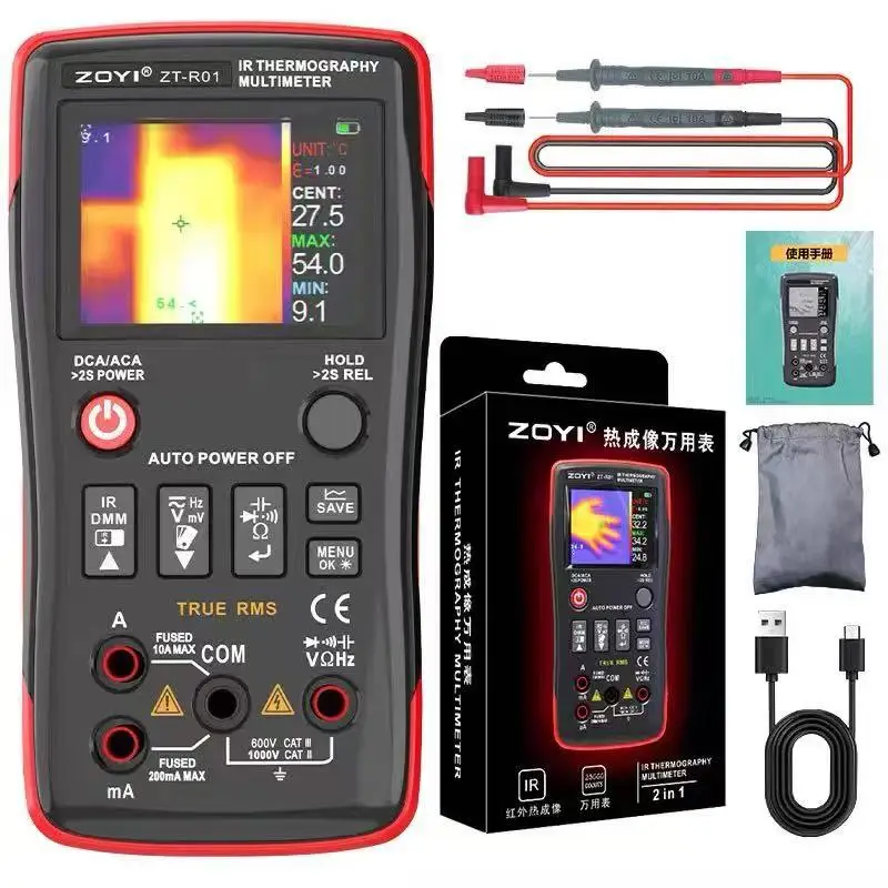 ZOYI ZT-R01 Draagbare HD Infrarood Warmtebeeldcamera Digitale Multimeter 2-in-1 Drukknop Multimeter voor Elektriciens met Gereedschapstas