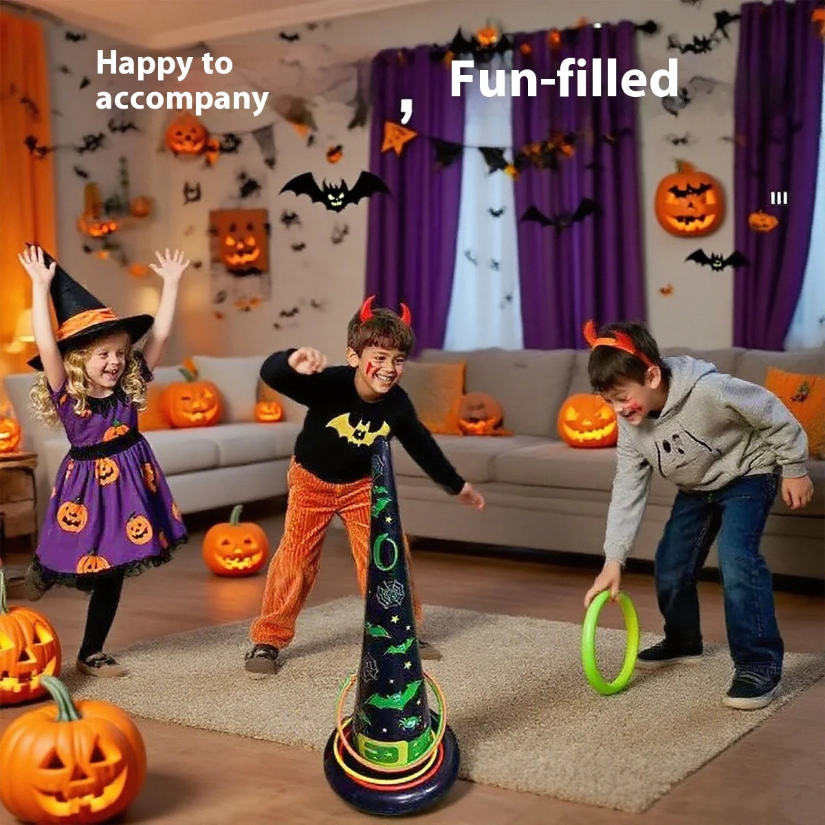 Sombrero inflable de Halloween, juguete, sombrero de bruja inflable, murciélago, lápida, fantasma, calabaza, gato, fiesta de vacaciones, juego de lanzamiento interactivo, aro