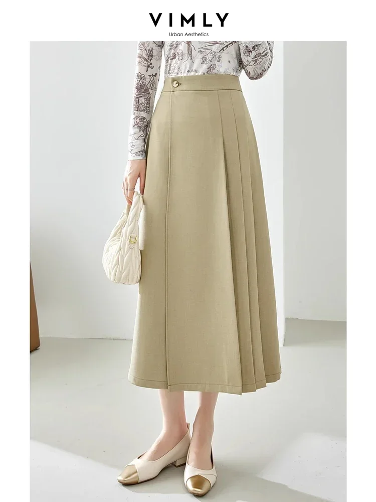 Vimly Women's Split Midi Pleated Skirts 2023 Autumn New in Solid Elegant Office Lady A-line Skirt for Woman Female Clothes M2615