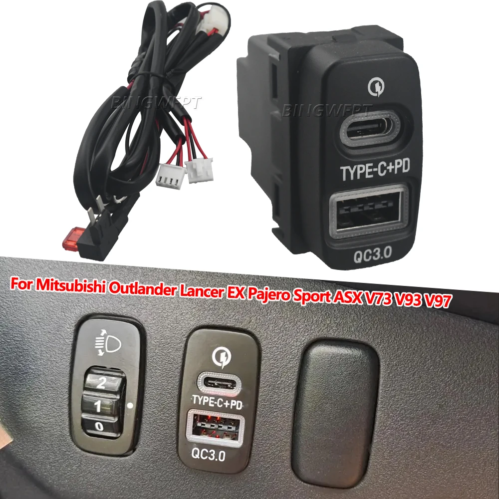 

Dual USB Car Quick Charger Type-C PD +Type A Socket For Mitsubishi Outlander Lancer EX Pajero Sport ASX V73 V93 V97 Charging