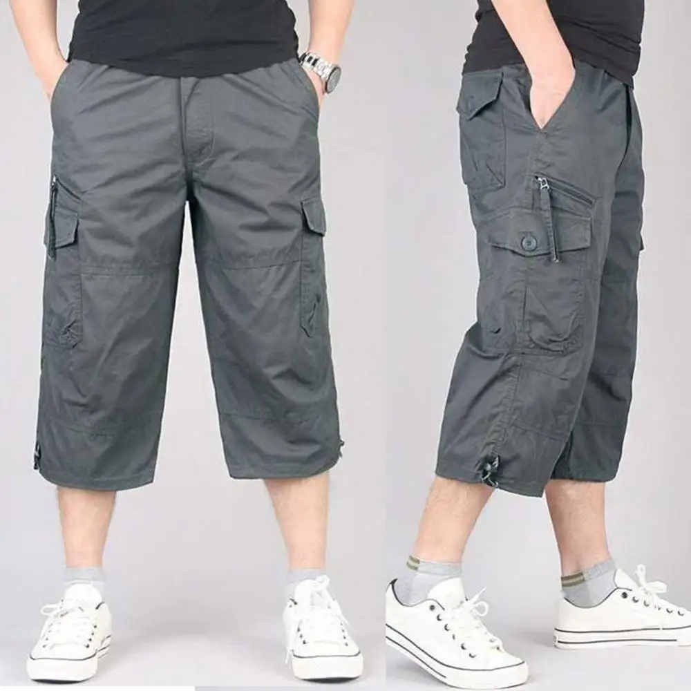 Summer Men\'s Casual Cotton Cargo Shorts Overalls Long Length Multi Pocket Hot breeches Military Pants Male Cropped Pants