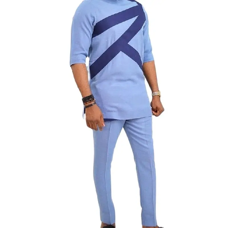 Costumes à demi-manches et pantalons monochromes pour hommes, ensembles élégants, patchwork Wathet/Navy, mode personnalisée, tenues de fête de mariage africain