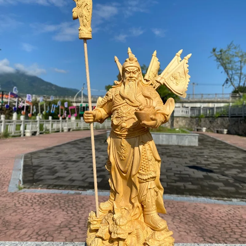 

Guan Yu Wealth & War God Statue 30cm Hand-Carved Hinoki Wood with Ingot and Five Flags, Taoist Feng Shui Decor for Home, Office