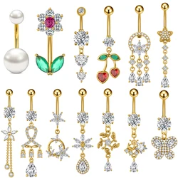 1PC Gold Color Series Belly Button Rings Wind Chime Dangled Flower Heart Belly Ring Stainless Steel CZs Navel Piercing Jewelry