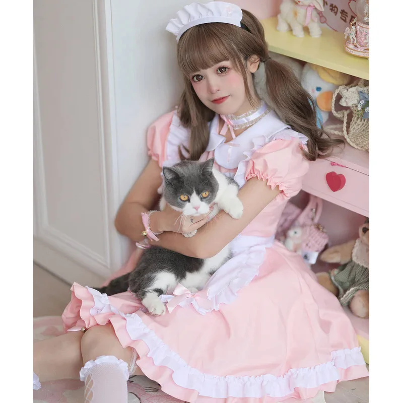 Cosplay meid kostuum anime crème lieverd outfit Roze Lolita Jurk schattig meisje meid dragen uniform korte mouwen verpleegster kostuums d