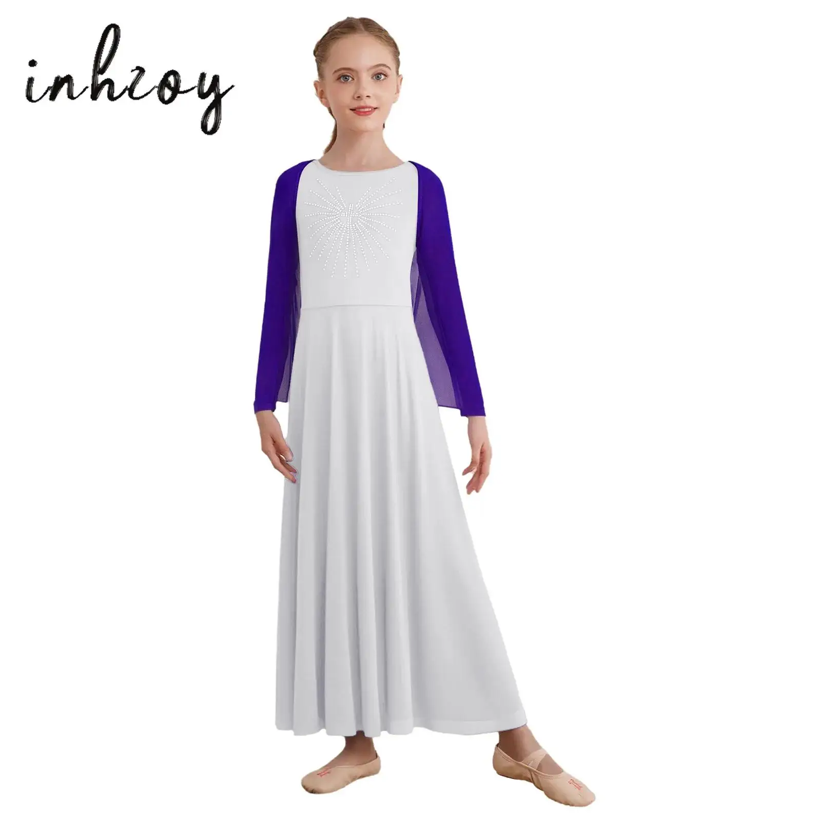 

2Pcs Girls Praise Worship Dance Dress Open Front Irregular Hem Drapey Angel Wing Shrug+Long Sleeve Maxi Dress Liturgical Robe