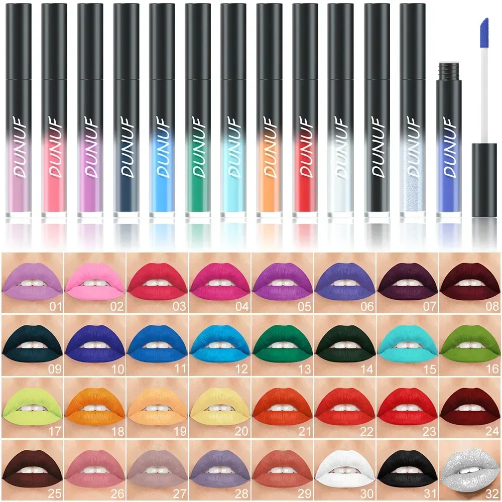 32 Color Lipstick Matte Lasting Lip Gloss Moisturizing Non-stick Cup Halloween Party Purple Blue Black Highly Pigments Lip Glaze