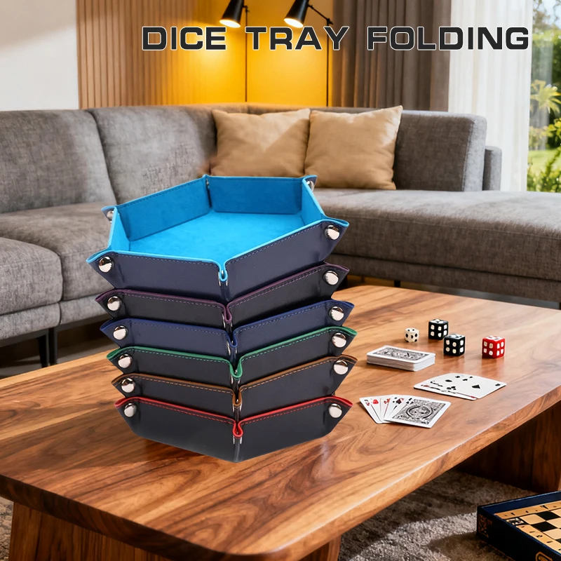 

High Quality Foldable Dice Tray Box PU Leather Folding Hexagon Coin Square Tray Dice Game